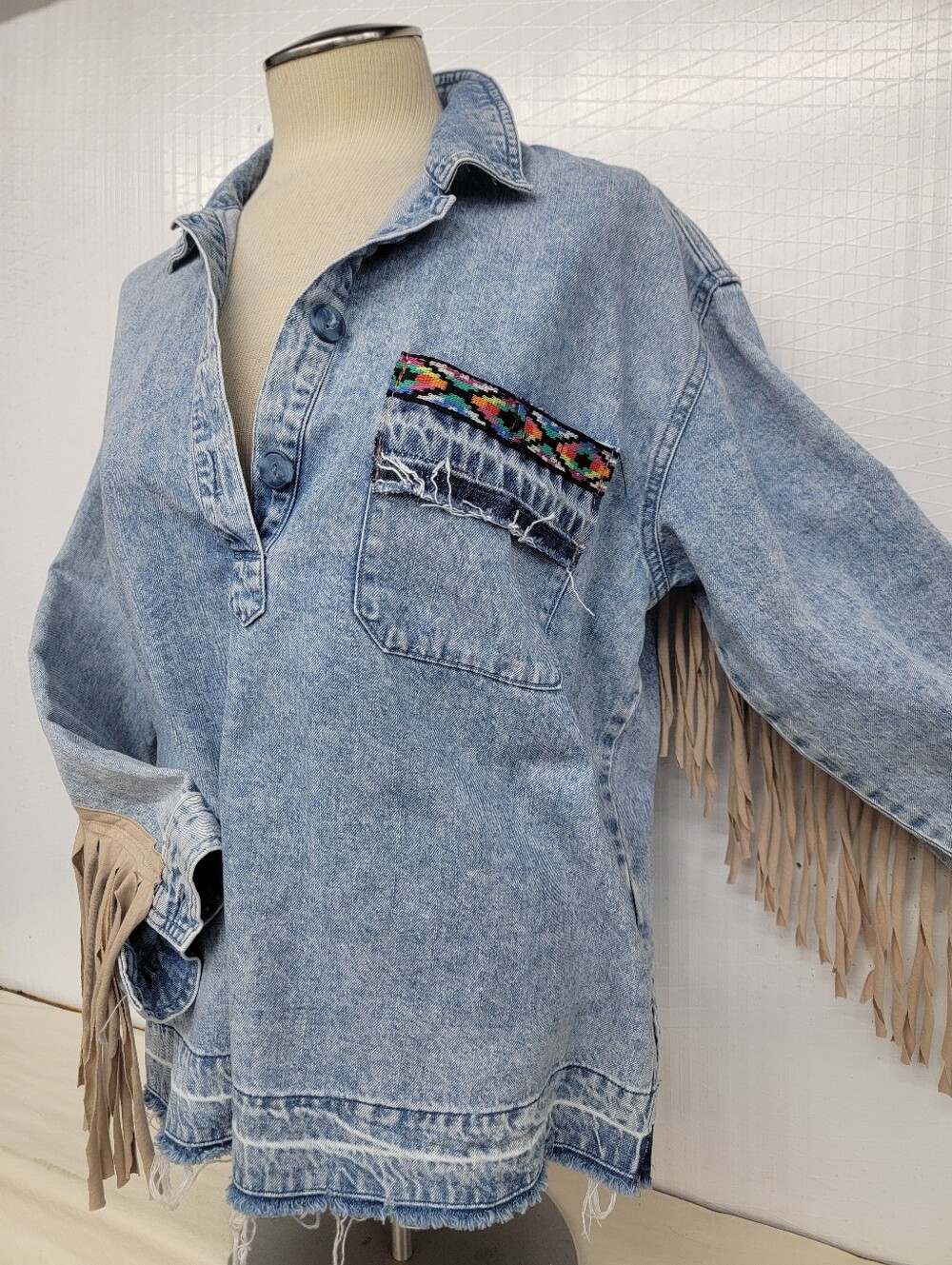 Western Denim Fringe Pullover Tunic Shirt Jacket with Western Cat - Upcycled - Picture 7 of 10